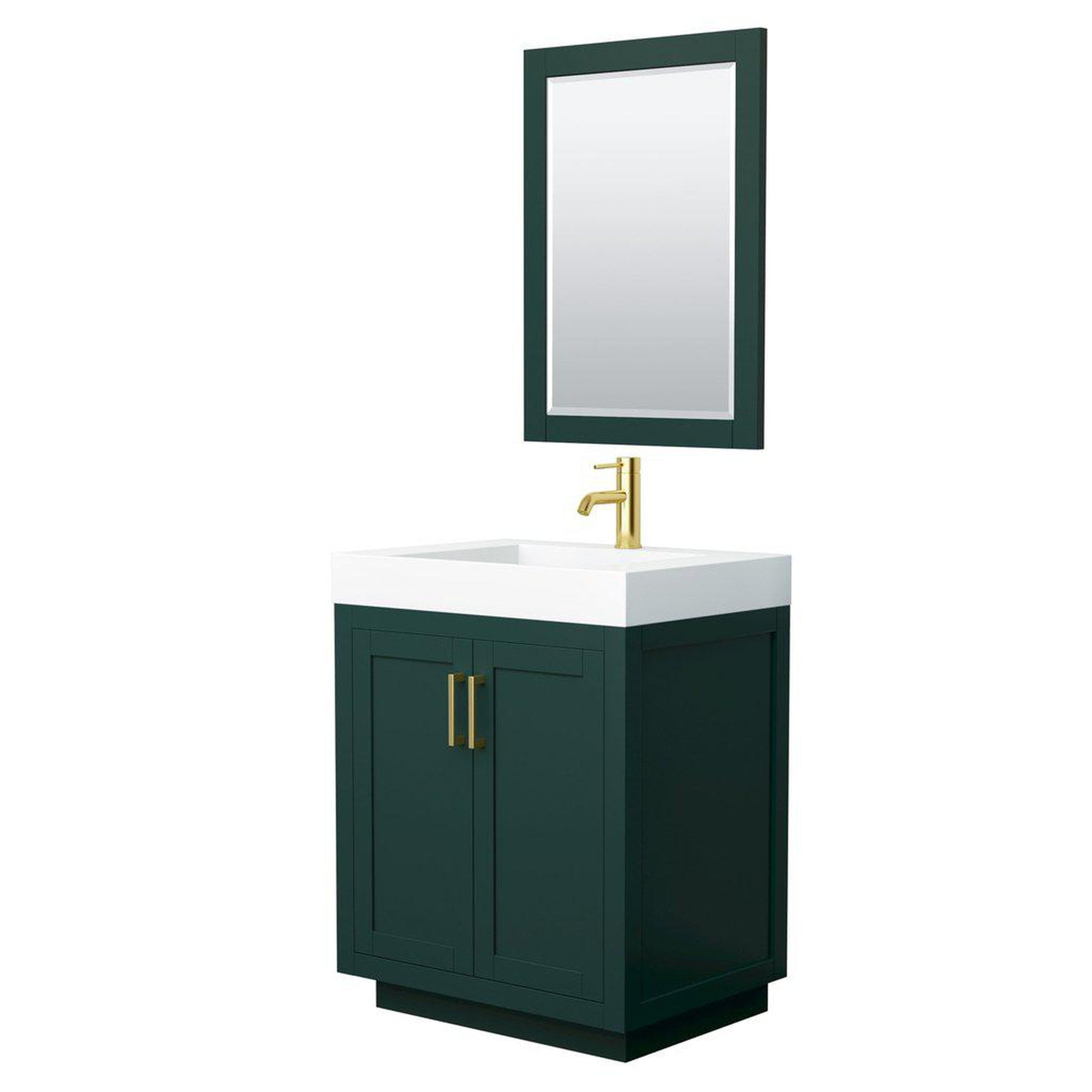 Wyndham Collection Miranda 30" Single Bathroom Green Vanity Set With 4" Thick Matte White Solid Surface Countertop, Integrated Sink, 24" Mirror And Brushed Gold Trim