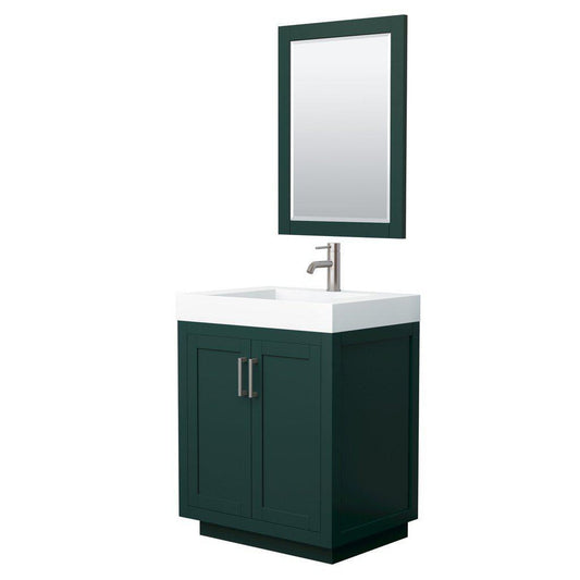 Wyndham Collection Miranda 30" Single Bathroom Green Vanity Set With 4" Thick Matte White Solid Surface Countertop, Integrated Sink, 24" Mirror And Brushed Nickel Trim