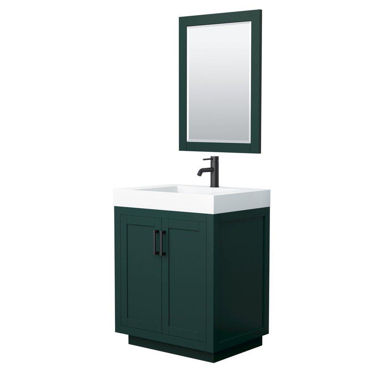 Wyndham Collection Miranda 30" Single Bathroom Green Vanity Set With 4" Thick Matte White Solid Surface Countertop, Integrated Sink, 24" Mirror And Matte Black Trim