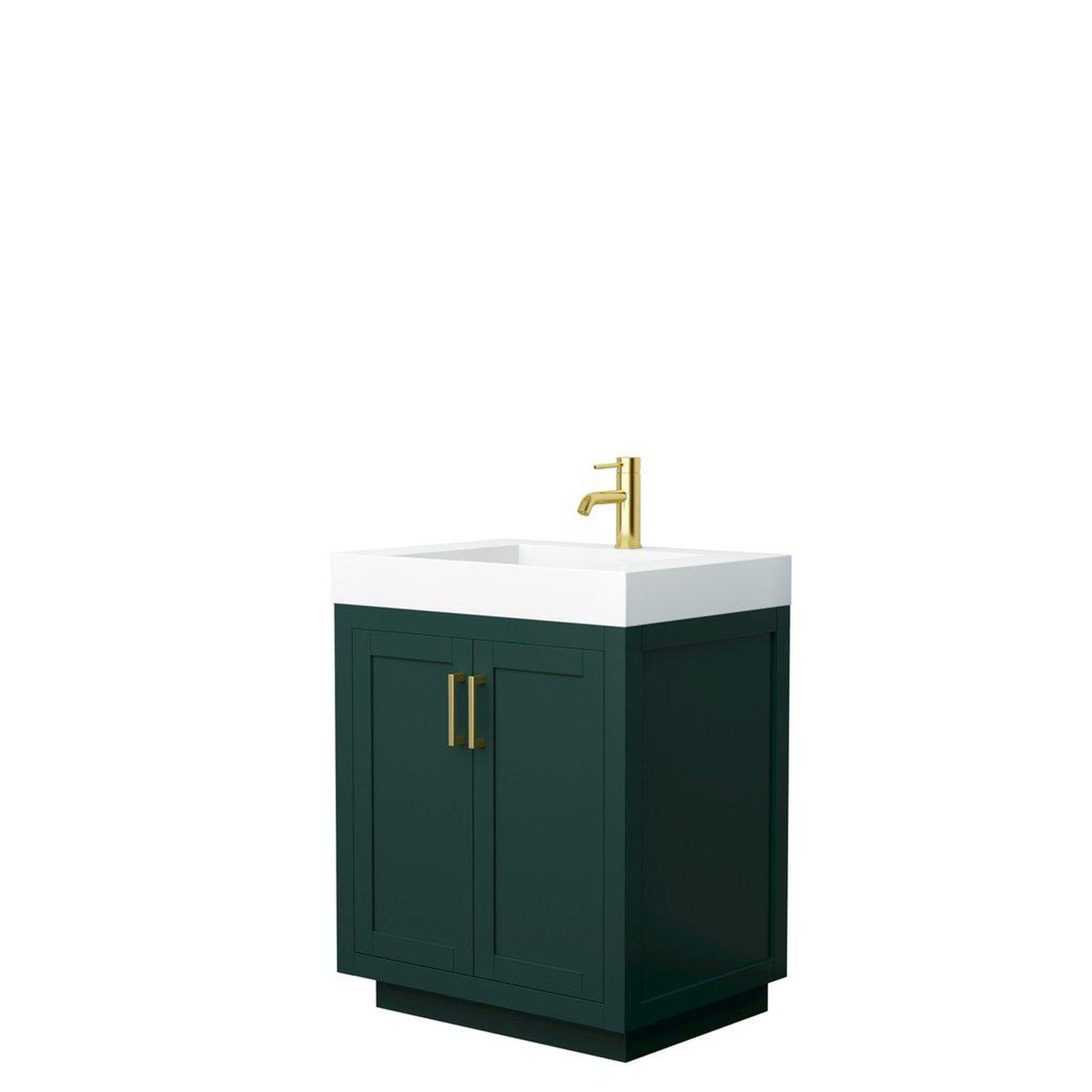 Wyndham Collection Miranda 30" Single Bathroom Green Vanity Set With 4" Thick Matte White Solid Surface Countertop, Integrated Sink, And Brushed Gold Trim