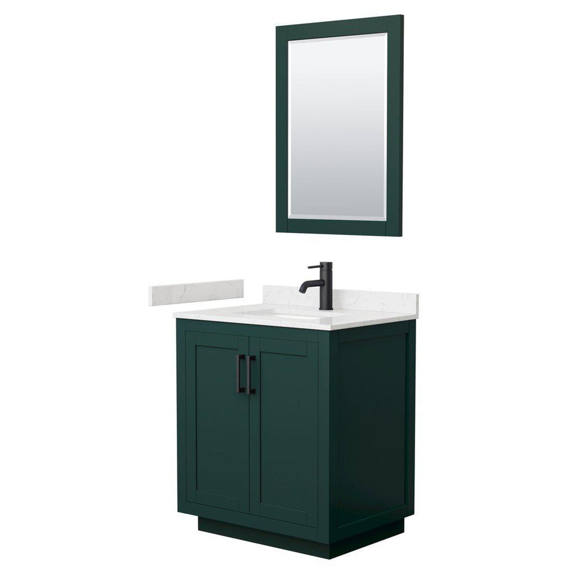 Wyndham Collection Miranda 30" Single Bathroom Green Vanity Set With Light-Vein Carrara Cultured Marble Countertop, Undermount Square Sink, 24" Mirror And Matte Black Trim