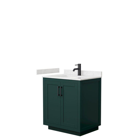 Wyndham Collection Miranda 30" Single Bathroom Green Vanity Set With Light-Vein Carrara Cultured Marble Countertop, Undermount Square Sink, And Matte Black Trim