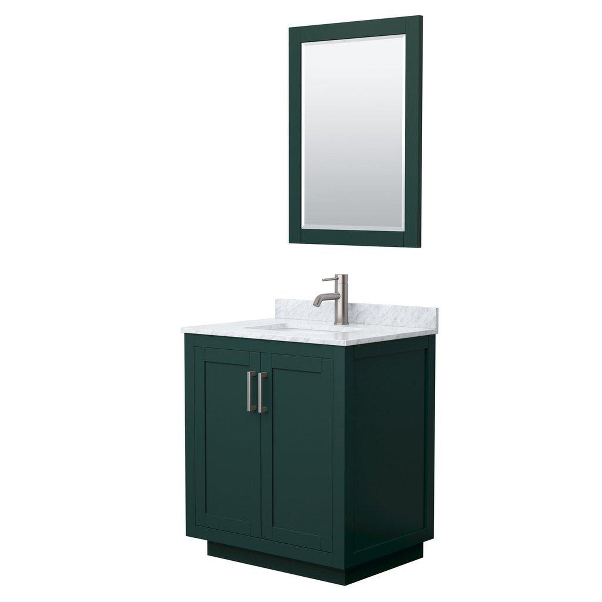 Wyndham Collection Miranda 30" Single Bathroom Green Vanity Set With White Carrara Marble Countertop, Undermount Square Sink, 24" Mirror And Brushed Nickel Trim