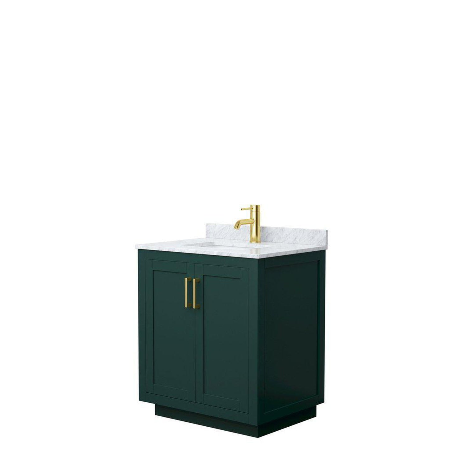 Wyndham Collection Miranda 30" Single Bathroom Green Vanity Set With White Carrara Marble Countertop, Undermount Square Sink, And Brushed Gold Trim