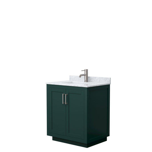 Wyndham Collection Miranda 30" Single Bathroom Green Vanity Set With White Carrara Marble Countertop, Undermount Square Sink, And Brushed Nickel Trim