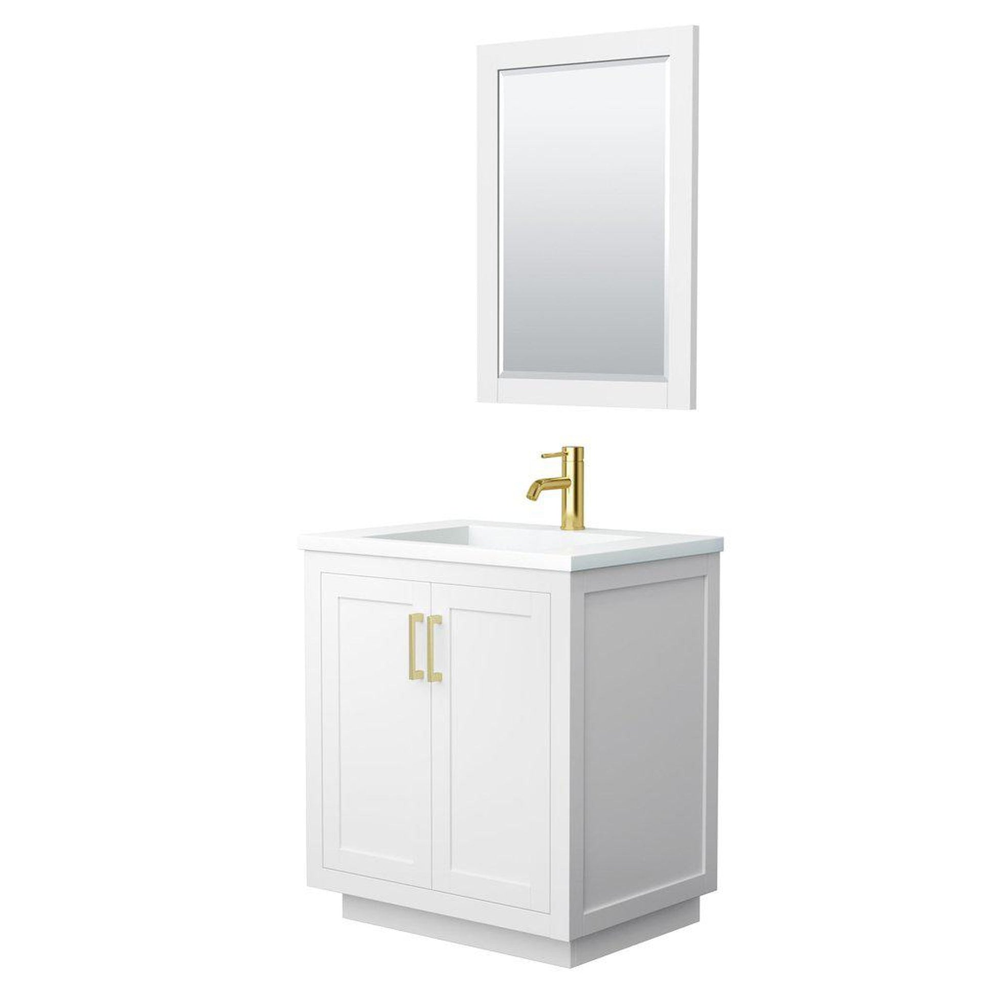Wyndham Collection Miranda 30" Single Bathroom White Vanity Set With 1.25" Thick Matte White Solid Surface Countertop, Integrated Sink, 24" Mirror And Brushed Gold Trim