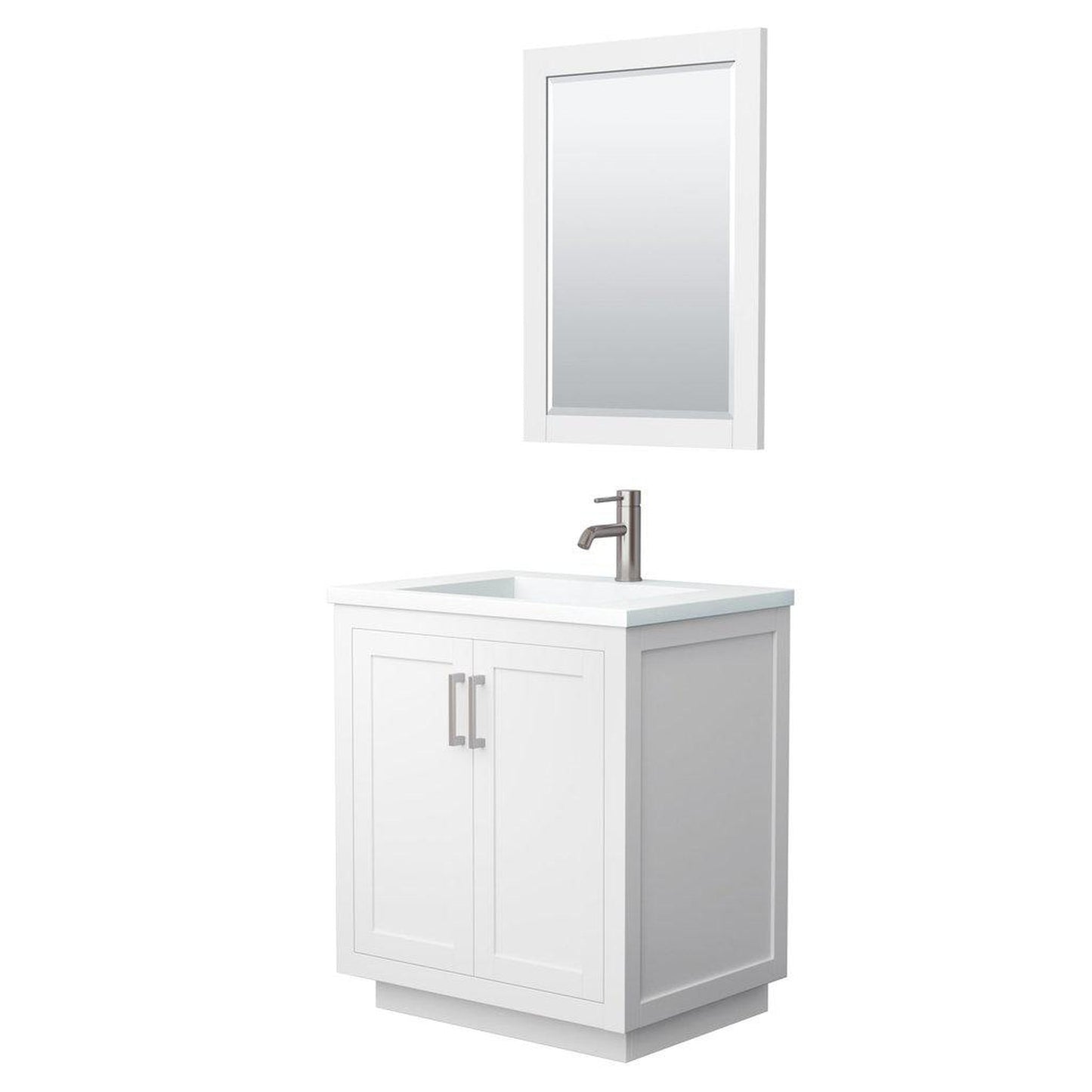 Wyndham Collection Miranda 30" Single Bathroom White Vanity Set With 1.25" Thick Matte White Solid Surface Countertop, Integrated Sink, 24" Mirror And Brushed Nickel Trim