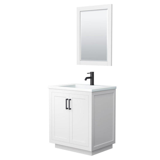 Wyndham Collection Miranda 30" Single Bathroom White Vanity Set With 1.25" Thick Matte White Solid Surface Countertop, Integrated Sink, 24" Mirror And Matte Black Trim