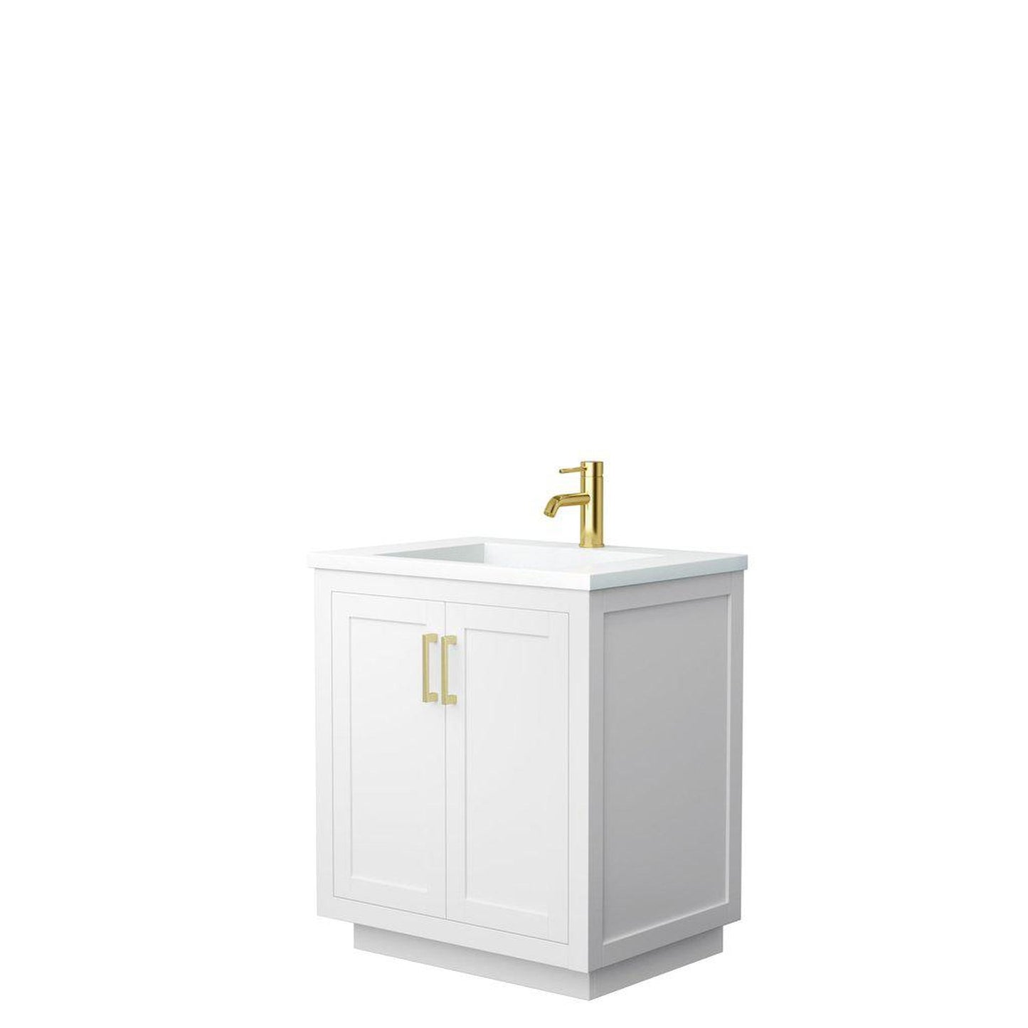 Wyndham Collection Miranda 30" Single Bathroom White Vanity Set With 1.25" Thick Matte White Solid Surface Countertop, Integrated Sink, And Brushed Gold Trim