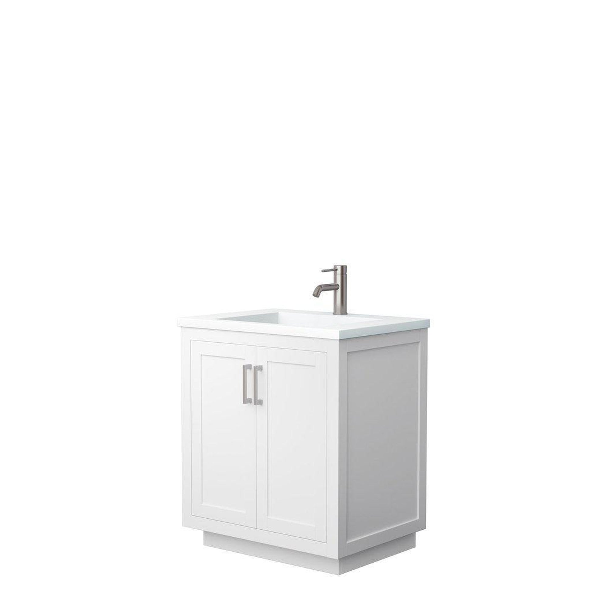 Wyndham Collection Miranda 30" Single Bathroom White Vanity Set With 1.25" Thick Matte White Solid Surface Countertop, Integrated Sink, And Brushed Nickel Trim