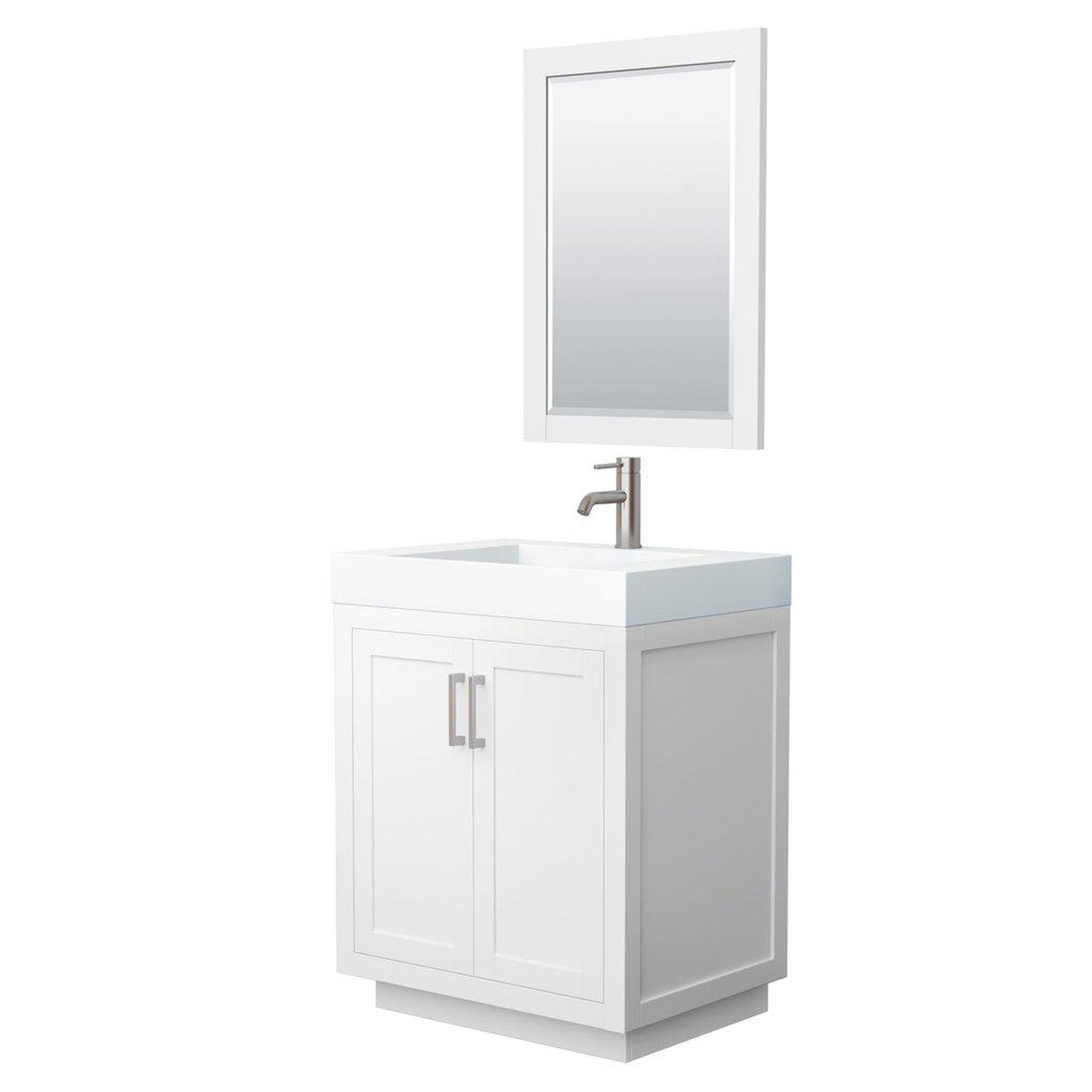 Wyndham Collection Miranda 30" Single Bathroom White Vanity Set With 4" Thick Matte White Solid Surface Countertop, Integrated Sink, 24" Mirror And Brushed Nickel Trim