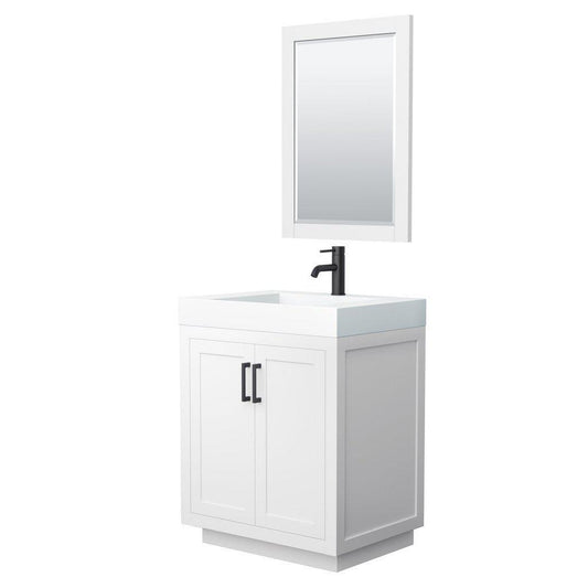 Wyndham Collection Miranda 30" Single Bathroom White Vanity Set With 4" Thick Matte White Solid Surface Countertop, Integrated Sink, 24" Mirror And Matte Black Trim