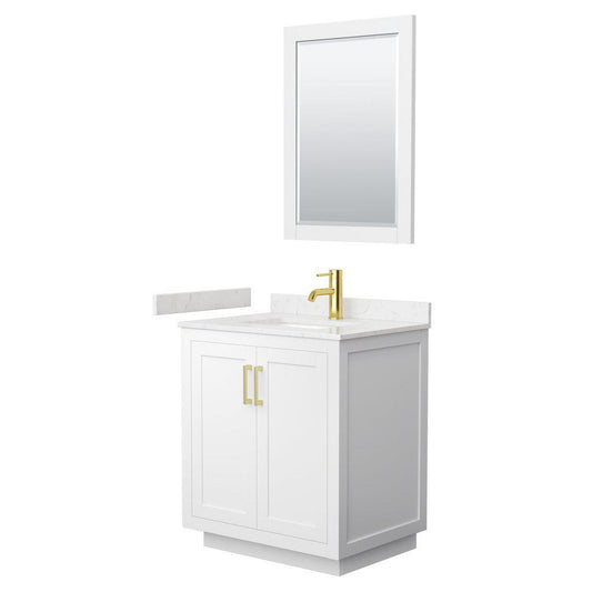 Wyndham Collection Miranda 30" Single Bathroom White Vanity Set With Light-Vein Carrara Cultured Marble Countertop, Undermount Square Sink, 24" Mirror And Brushed Gold Trim