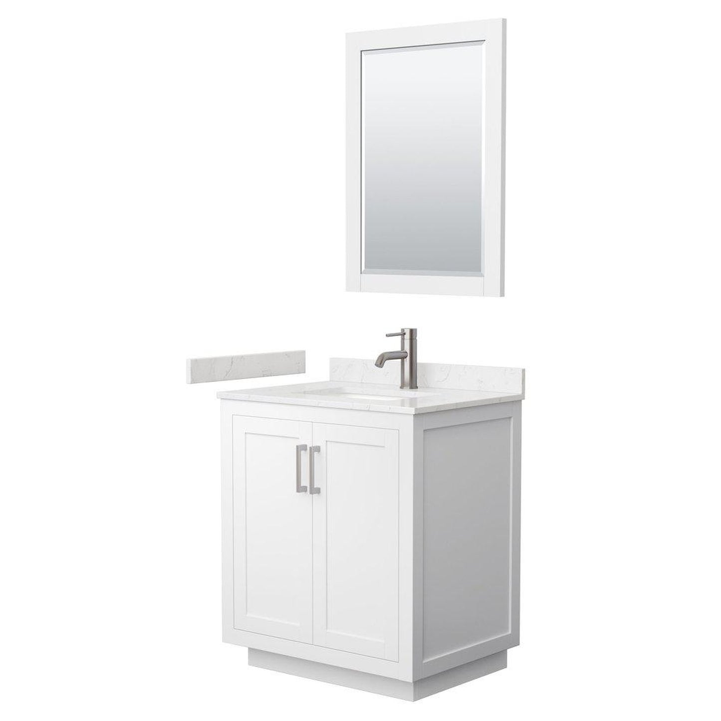 Wyndham Collection Miranda 30" Single Bathroom White Vanity Set With Light-Vein Carrara Cultured Marble Countertop, Undermount Square Sink, 24" Mirror And Brushed Nickel Trim