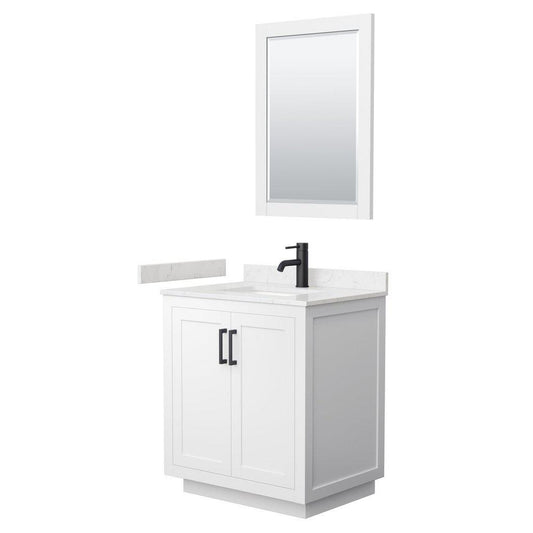 Wyndham Collection Miranda 30" Single Bathroom White Vanity Set With Light-Vein Carrara Cultured Marble Countertop, Undermount Square Sink, 24" Mirror And Matte Black Trim