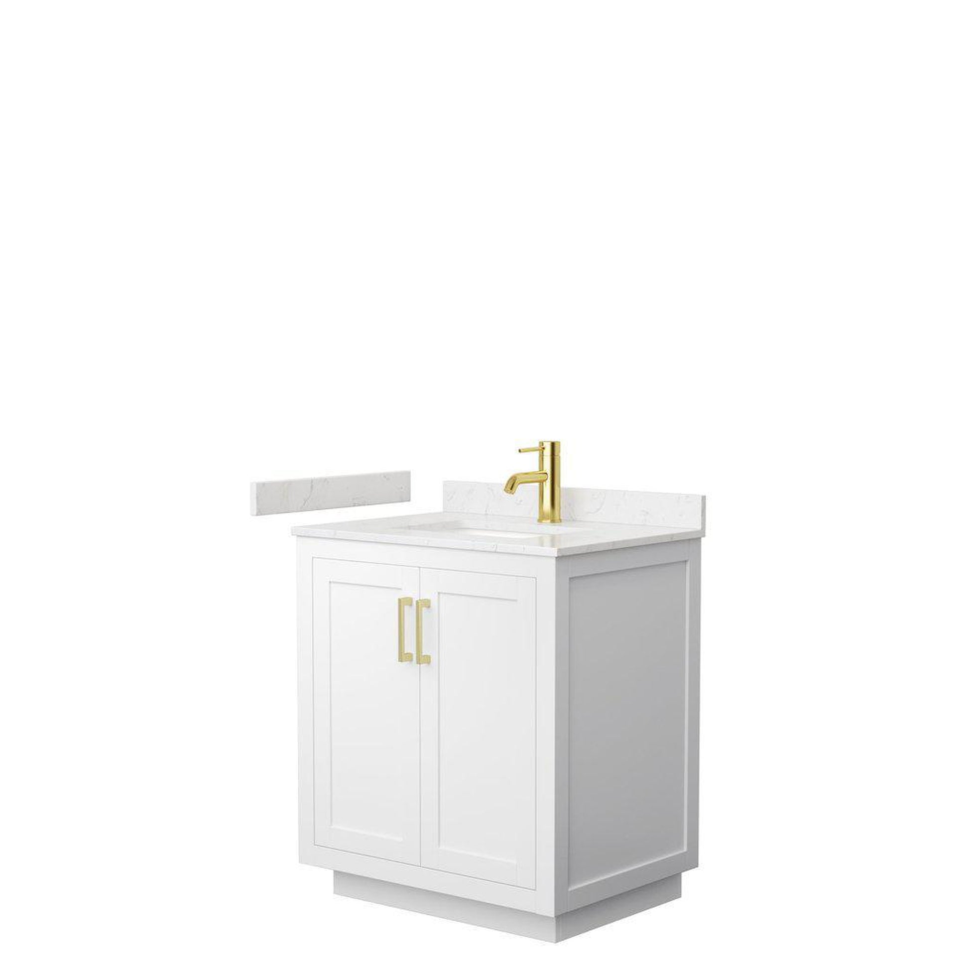 Wyndham Collection Miranda 30" Single Bathroom White Vanity Set With Light-Vein Carrara Cultured Marble Countertop, Undermount Square Sink, And Brushed Gold Trim
