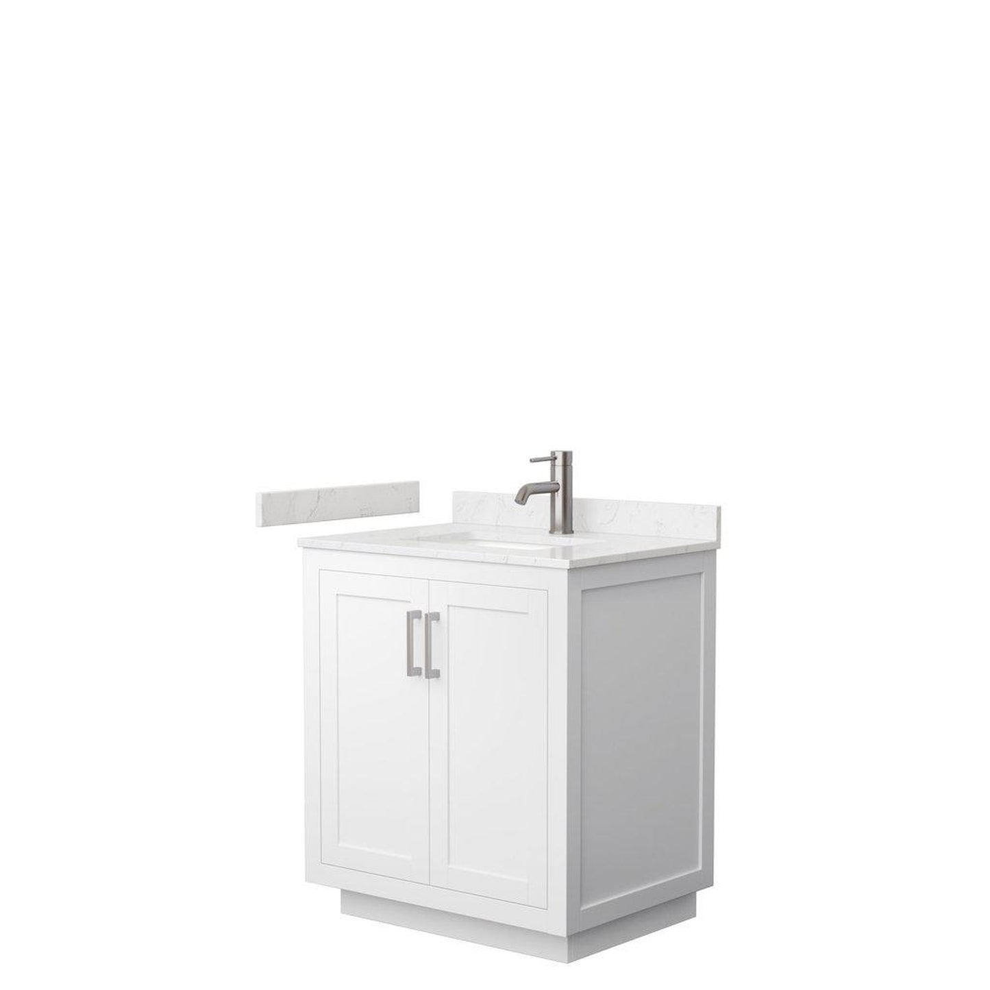 Wyndham Collection Miranda 30" Single Bathroom White Vanity Set With Light-Vein Carrara Cultured Marble Countertop, Undermount Square Sink, And Brushed Nickel Trim