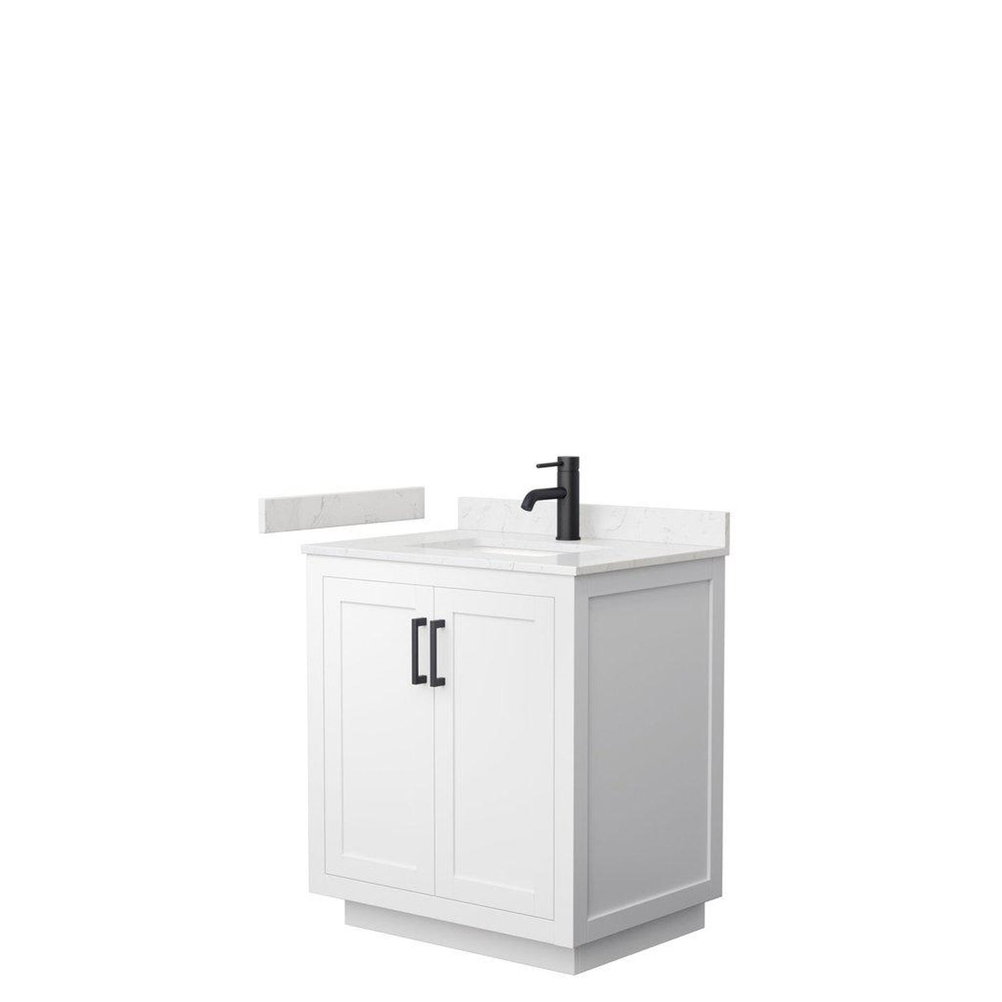 Wyndham Collection Miranda 30" Single Bathroom White Vanity Set With Light-Vein Carrara Cultured Marble Countertop, Undermount Square Sink, And Matte Black Trim