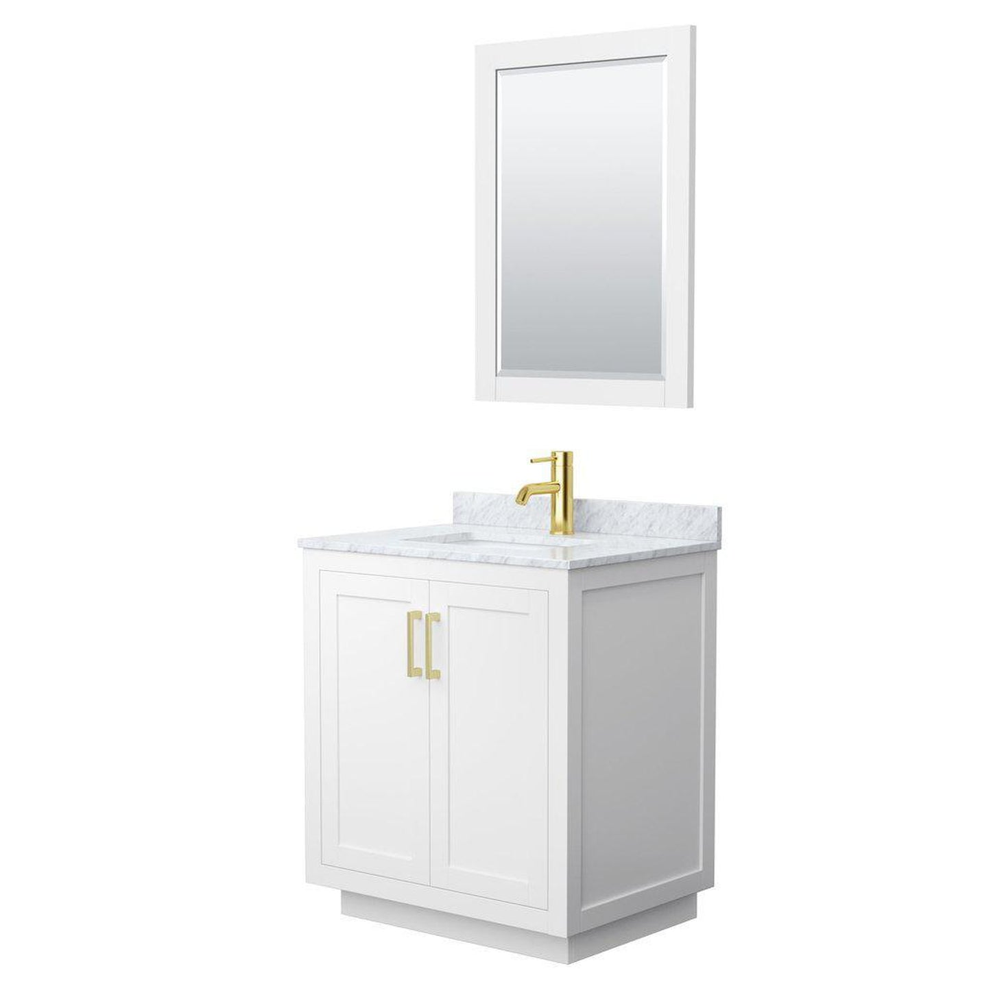 Wyndham Collection Miranda 30" Single Bathroom White Vanity Set With White Carrara Marble Countertop, Undermount Square Sink, 24" Mirror And Brushed Gold Trim