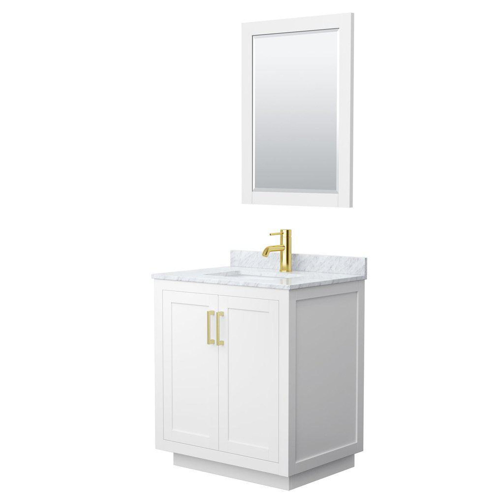 Wyndham Collection Miranda 30" Single Bathroom White Vanity Set With White Carrara Marble Countertop, Undermount Square Sink, 24" Mirror And Brushed Gold Trim