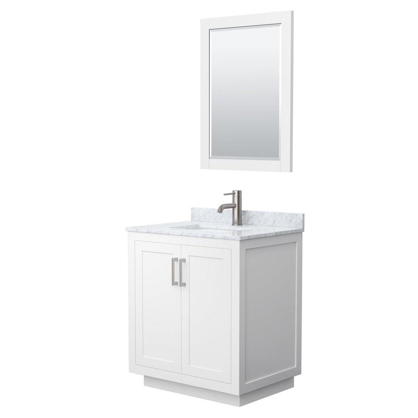 Wyndham Collection Miranda 30" Single Bathroom White Vanity Set With White Carrara Marble Countertop, Undermount Square Sink, 24" Mirror And Brushed Nickel Trim