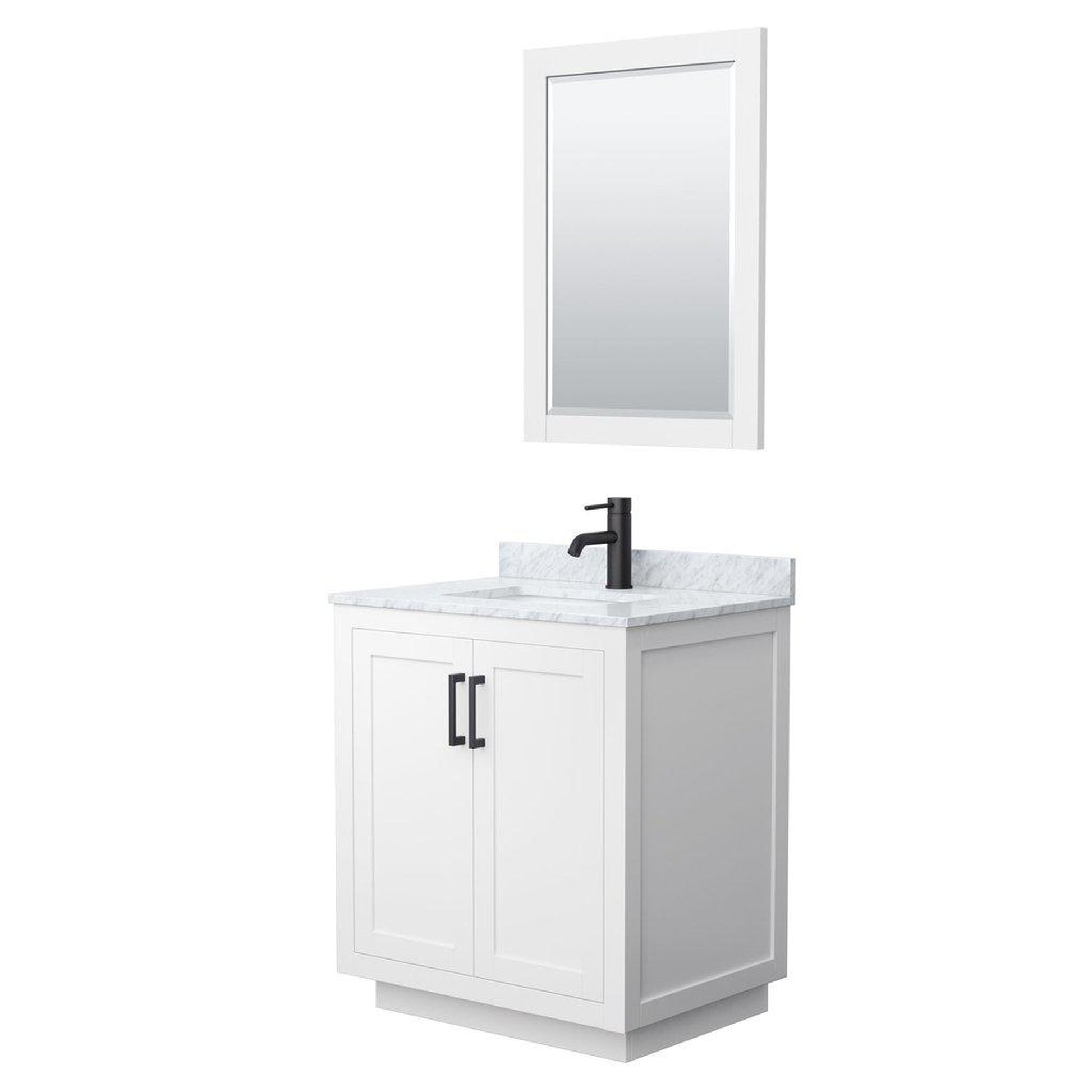 Wyndham Collection Miranda 30" Single Bathroom White Vanity Set With White Carrara Marble Countertop, Undermount Square Sink, 24" Mirror And Matte Black Trim