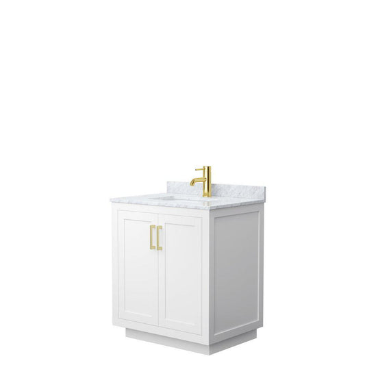 Wyndham Collection Miranda 30" Single Bathroom White Vanity Set With White Carrara Marble Countertop, Undermount Square Sink, And Brushed Gold Trim