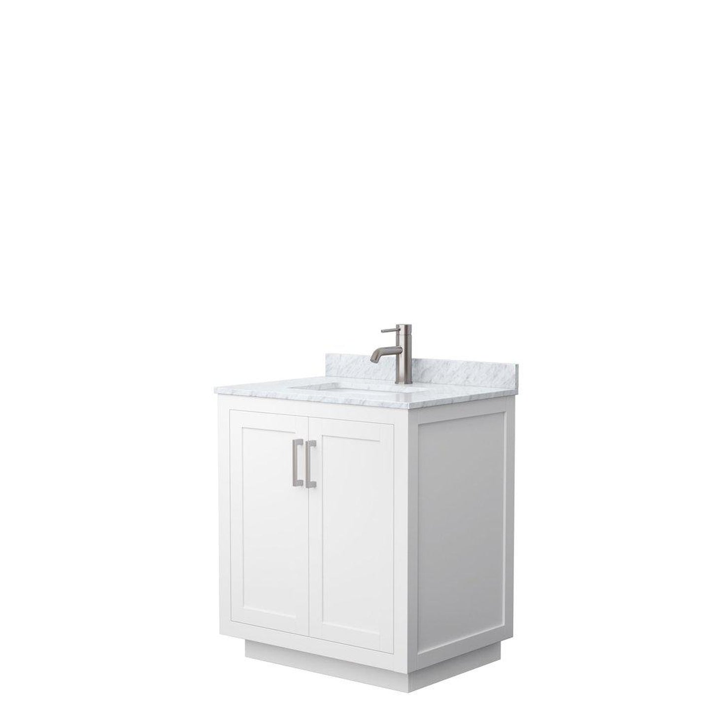 Wyndham Collection Miranda 30" Single Bathroom White Vanity Set With White Carrara Marble Countertop, Undermount Square Sink, And Brushed Nickel Trim