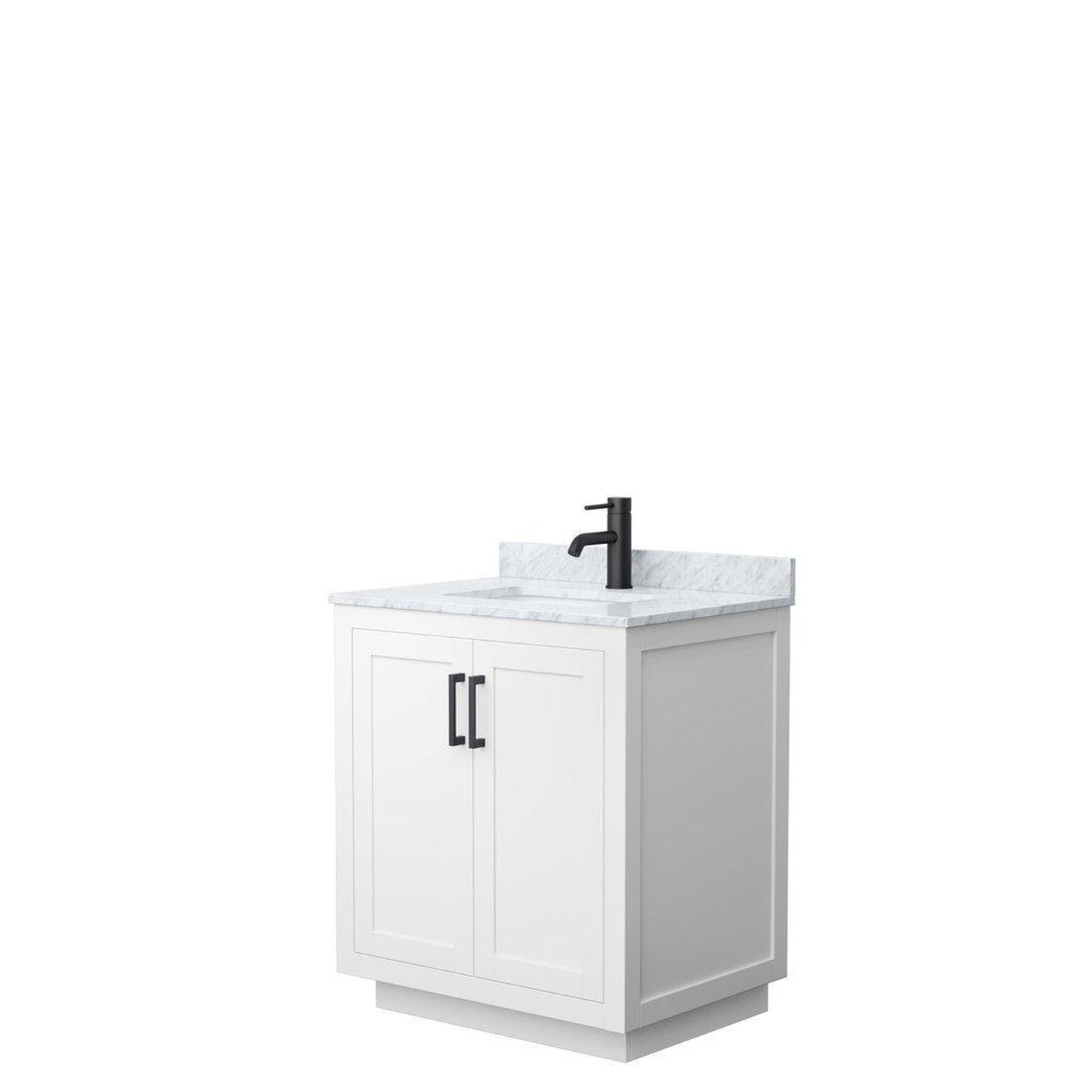 Wyndham Collection Miranda 30" Single Bathroom White Vanity Set With White Carrara Marble Countertop, Undermount Square Sink, And Matte Black Trim