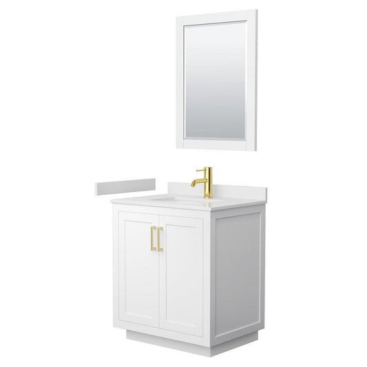 Wyndham Collection Miranda 30" Single Bathroom White Vanity Set With White Cultured Marble Countertop, Undermount Square Sink, 24" Mirror And Brushed Gold Trim