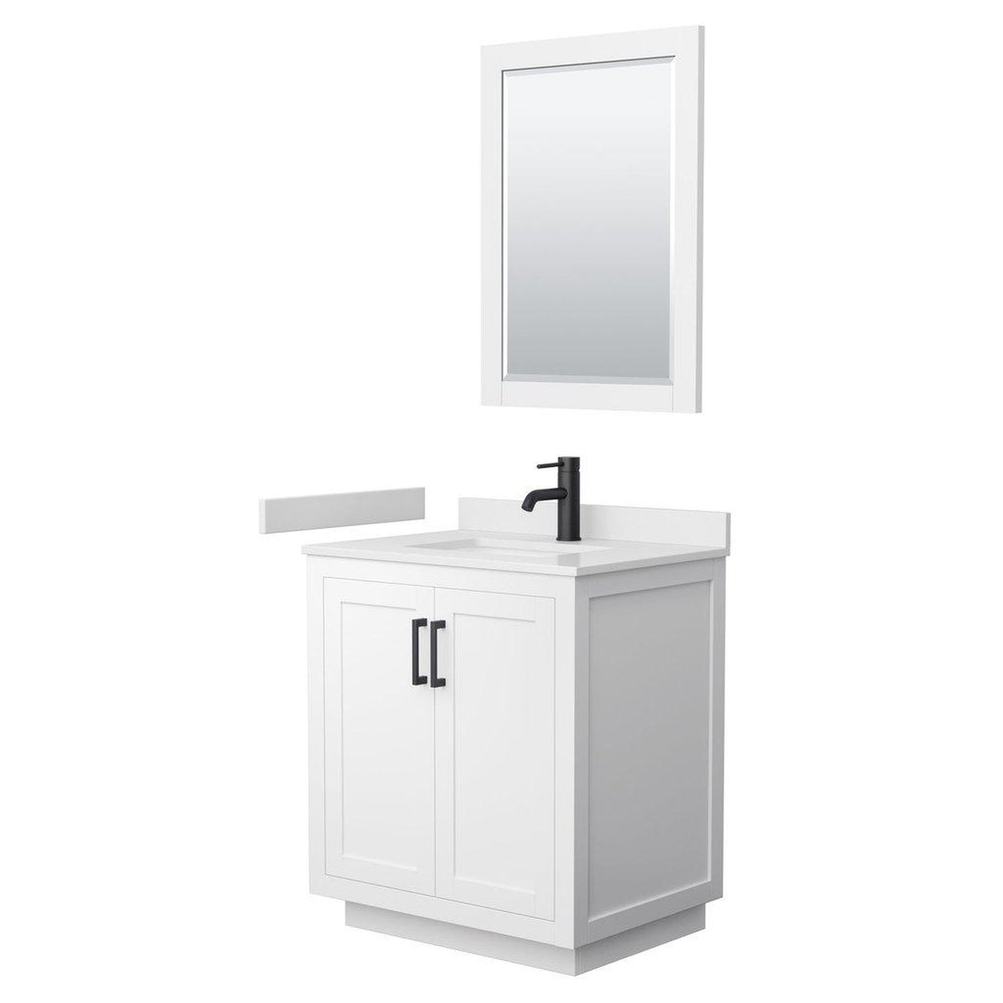 Wyndham Collection Miranda 30" Single Bathroom White Vanity Set With White Cultured Marble Countertop, Undermount Square Sink, 24" Mirror And Matte Black Trim