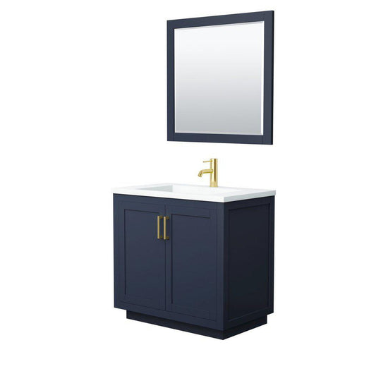 Wyndham Collection Miranda 36" Single Bathroom Dark Blue Vanity Set With 1.25" Thick Matte White Solid Surface Countertop, Integrated Sink, 34" Mirror And Brushed Gold Trim