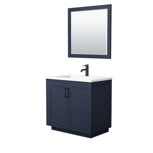 Wyndham Collection Miranda 36" Single Bathroom Dark Blue Vanity Set With 1.25" Thick Matte White Solid Surface Countertop, Integrated Sink, 34" Mirror And Matte Black Trim
