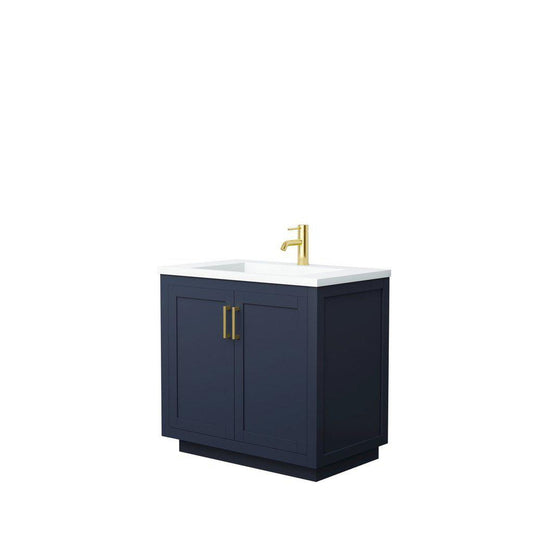 Wyndham Collection Miranda 36" Single Bathroom Dark Blue Vanity Set With 1.25" Thick Matte White Solid Surface Countertop, Integrated Sink, And Brushed Gold Trim