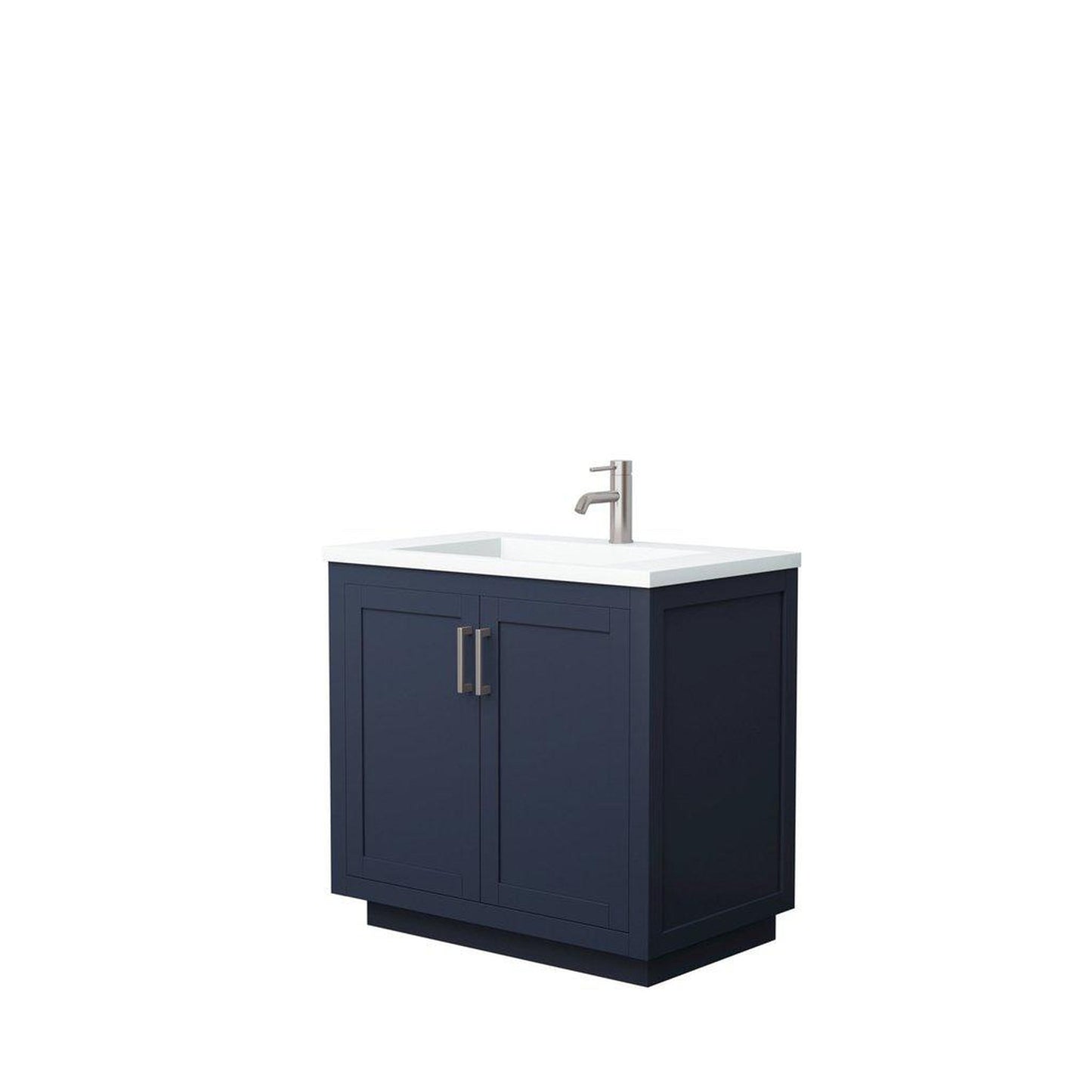 Wyndham Collection Miranda 36" Single Bathroom Dark Blue Vanity Set With 1.25" Thick Matte White Solid Surface Countertop, Integrated Sink, And Brushed Nickel Trim