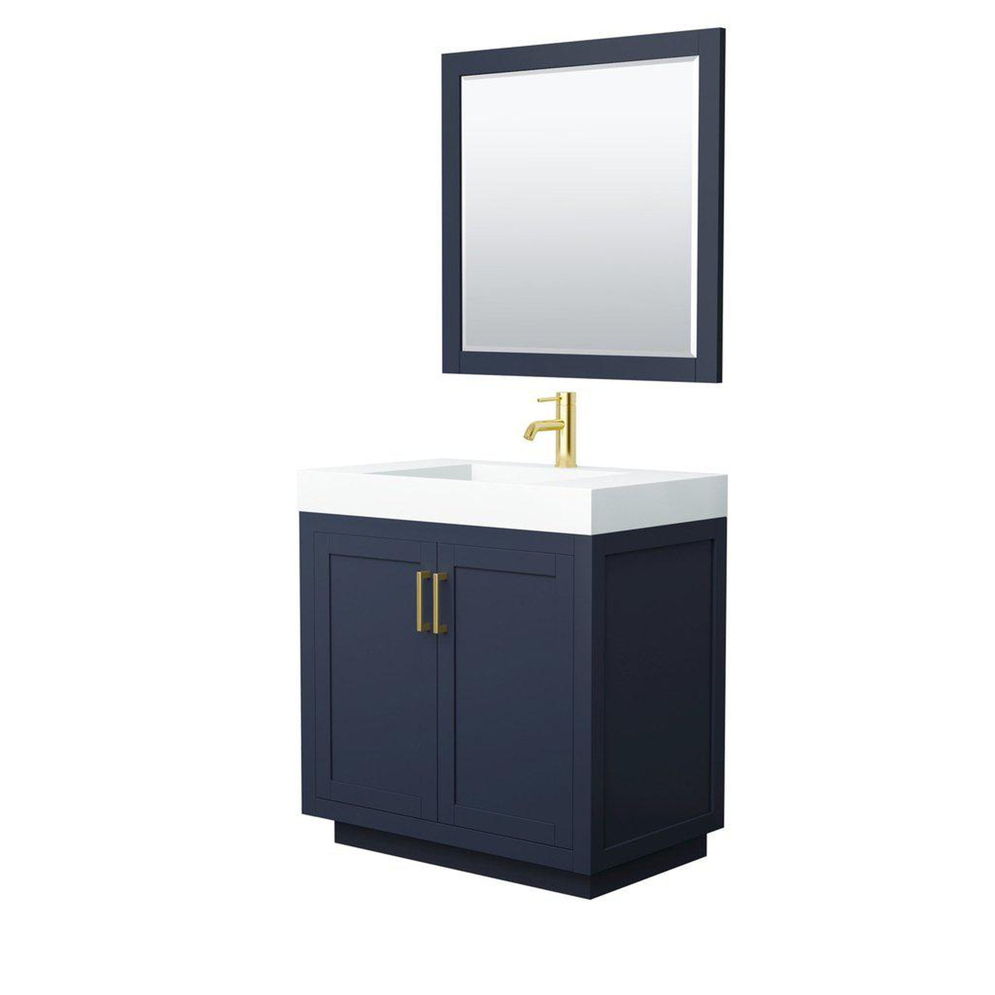 Wyndham Collection Miranda 36" Single Bathroom Dark Blue Vanity Set With 4" Thick Matte White Solid Surface Countertop, Integrated Sink, 34" Mirror And Brushed Gold Trim
