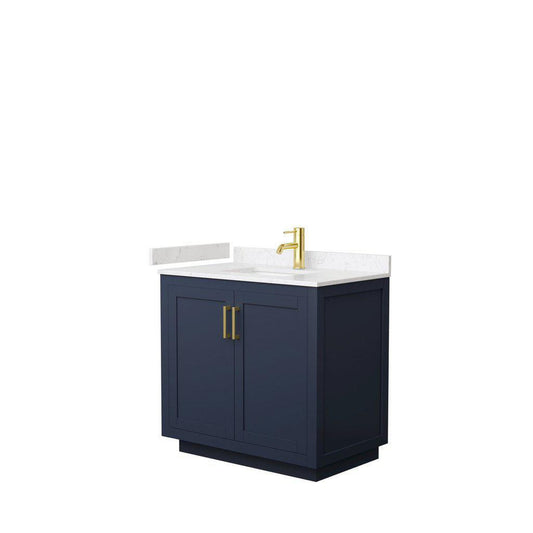 Wyndham Collection Miranda 36" Single Bathroom Dark Blue Vanity Set With Light-Vein Carrara Cultured Marble Countertop, Undermount Square Sink, And Brushed Gold Trim