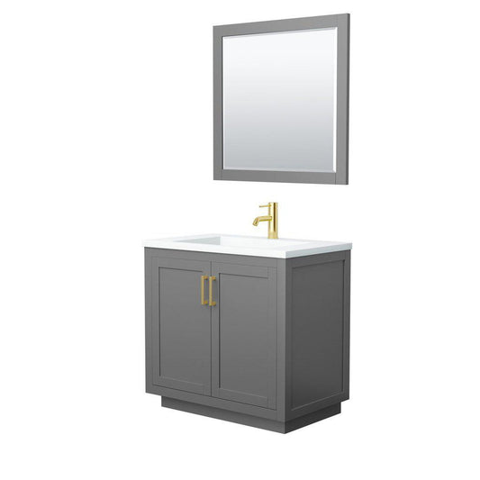 Wyndham Collection Miranda 36" Single Bathroom Dark Gray Vanity Set With 1.25" Thick Matte White Solid Surface Countertop, Integrated Sink, 34" Mirror And Brushed Gold Trim