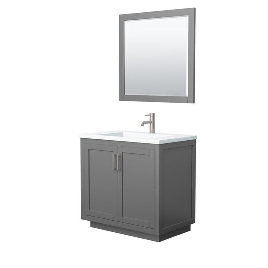 Wyndham Collection Miranda 36" Single Bathroom Dark Gray Vanity Set With 1.25" Thick Matte White Solid Surface Countertop, Integrated Sink, 34" Mirror And Brushed Nickel Trim