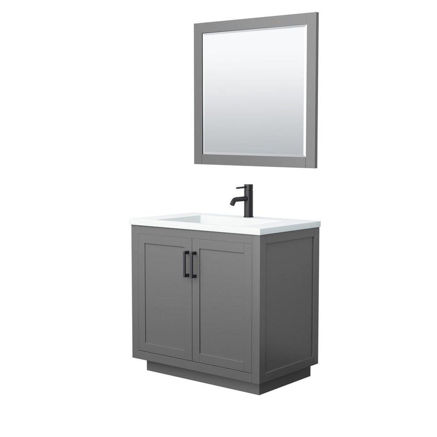 Wyndham Collection Miranda 36" Single Bathroom Dark Gray Vanity Set With 1.25" Thick Matte White Solid Surface Countertop, Integrated Sink, 34" Mirror And Matte Black Trim