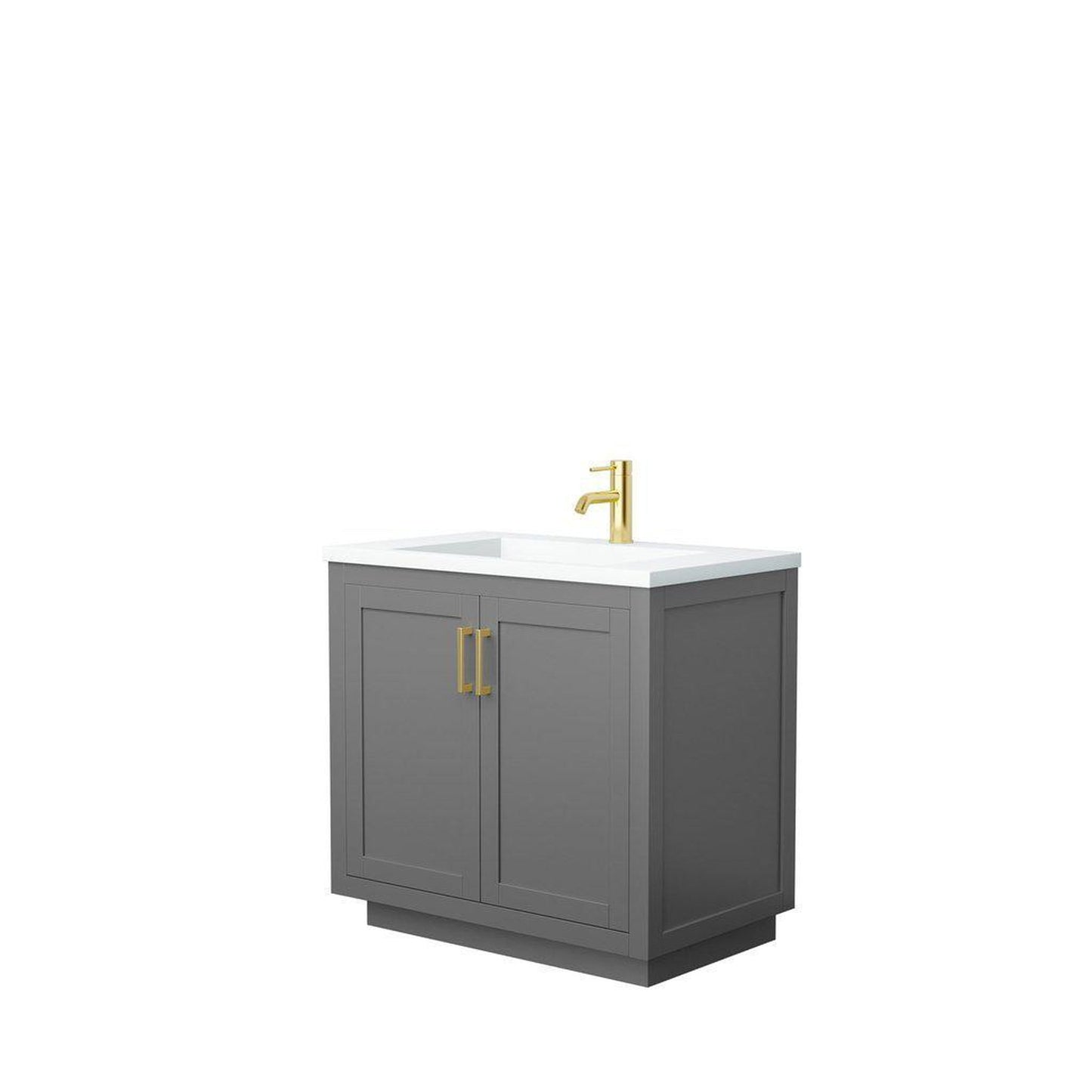 Wyndham Collection Miranda 36" Single Bathroom Dark Gray Vanity Set With 1.25" Thick Matte White Solid Surface Countertop, Integrated Sink, And Brushed Gold Trim