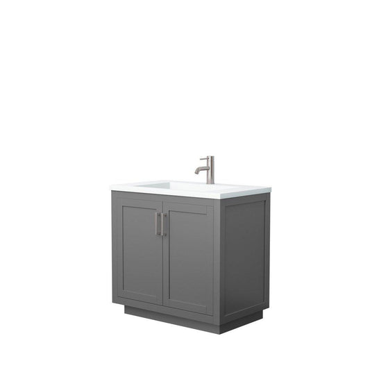 Wyndham Collection Miranda 36" Single Bathroom Dark Gray Vanity Set With 1.25" Thick Matte White Solid Surface Countertop, Integrated Sink, And Brushed Nickel Trim