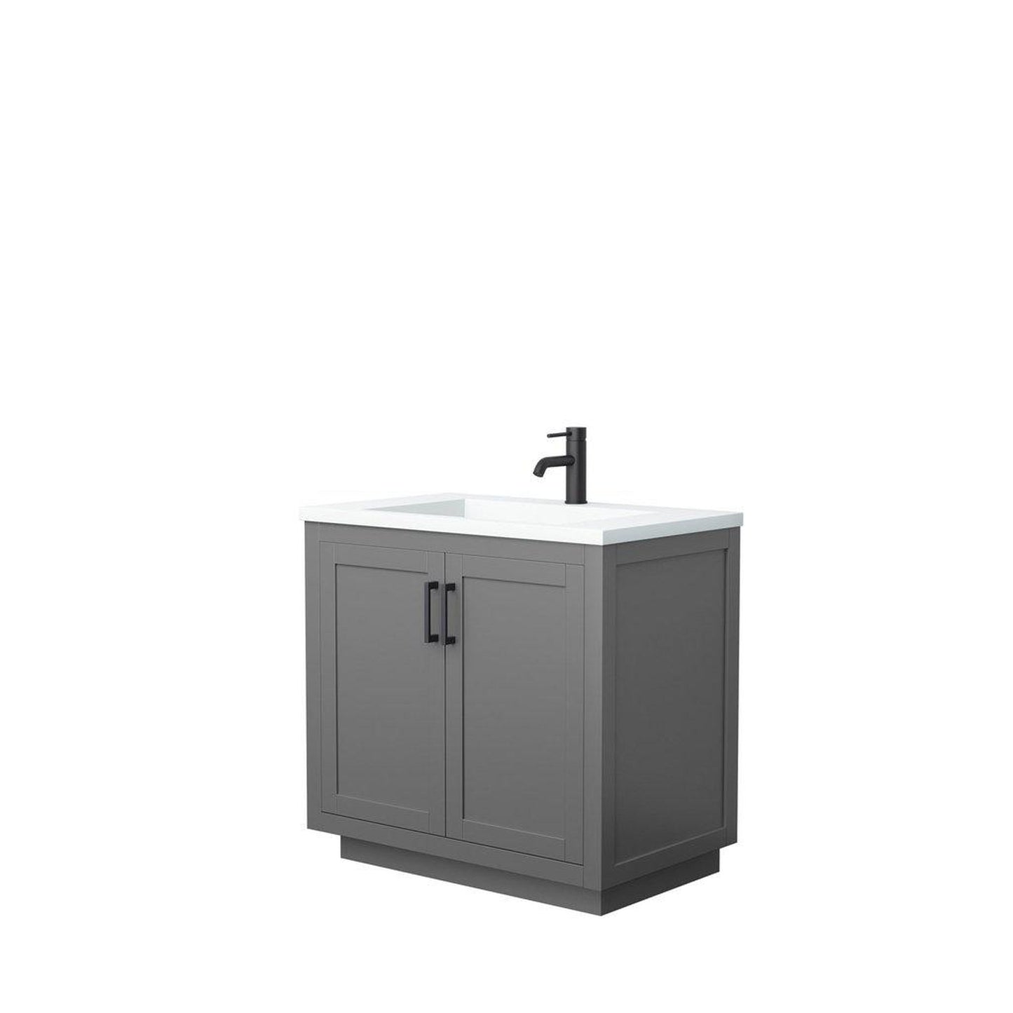Wyndham Collection Miranda 36" Single Bathroom Dark Gray Vanity Set With 1.25" Thick Matte White Solid Surface Countertop, Integrated Sink, And Matte Black Trim