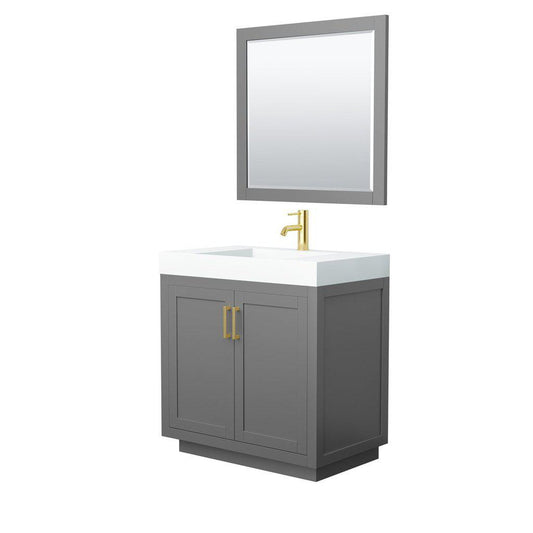 Wyndham Collection Miranda 36" Single Bathroom Dark Gray Vanity Set With 4" Thick Matte White Solid Surface Countertop, Integrated Sink, 34" Mirror And Brushed Gold Trim