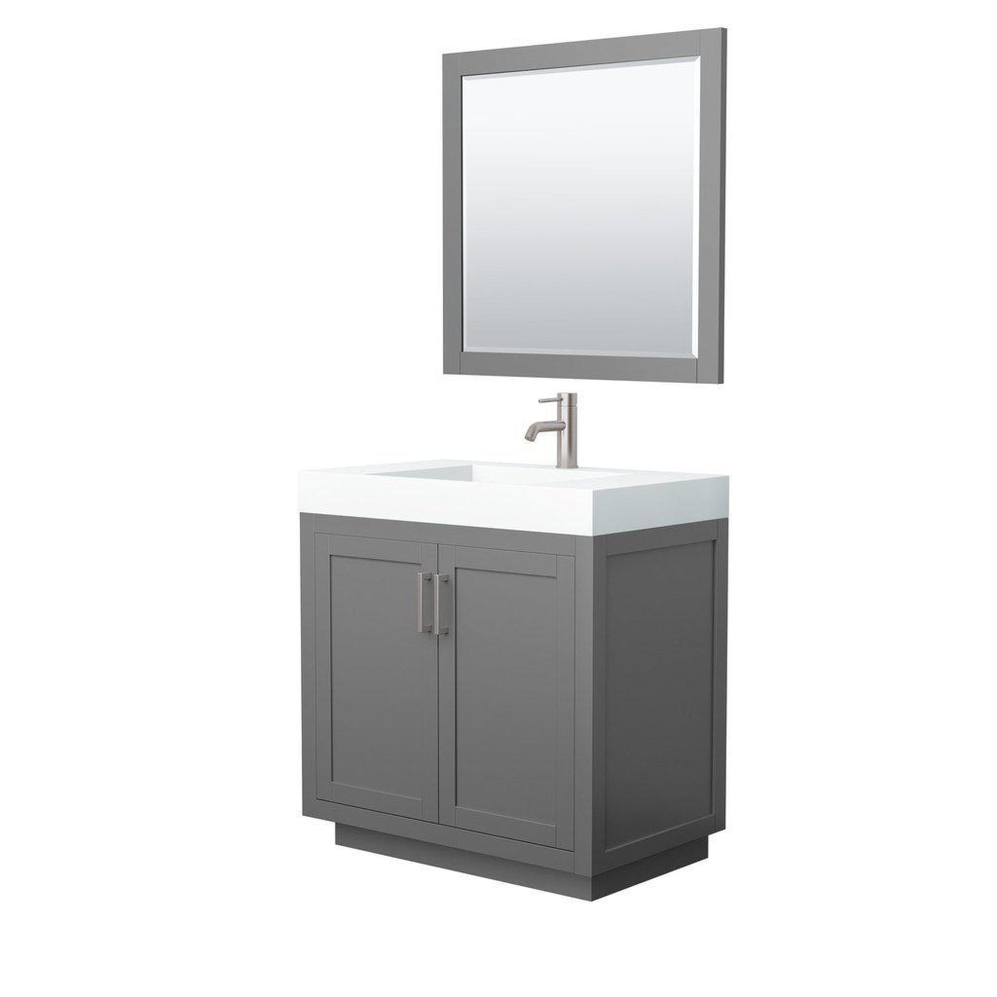 Wyndham Collection Miranda 36" Single Bathroom Dark Gray Vanity Set With 4" Thick Matte White Solid Surface Countertop, Integrated Sink, 34" Mirror And Brushed Nickel Trim