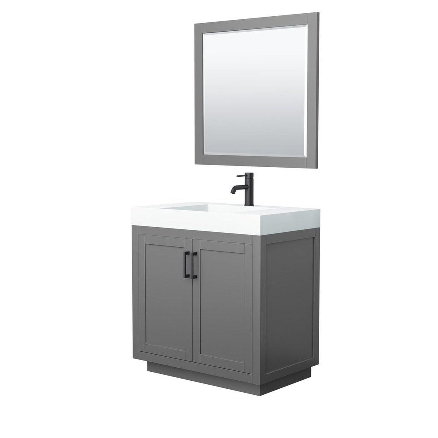 Wyndham Collection Miranda 36" Single Bathroom Dark Gray Vanity Set With 4" Thick Matte White Solid Surface Countertop, Integrated Sink, 34" Mirror And Matte Black Trim