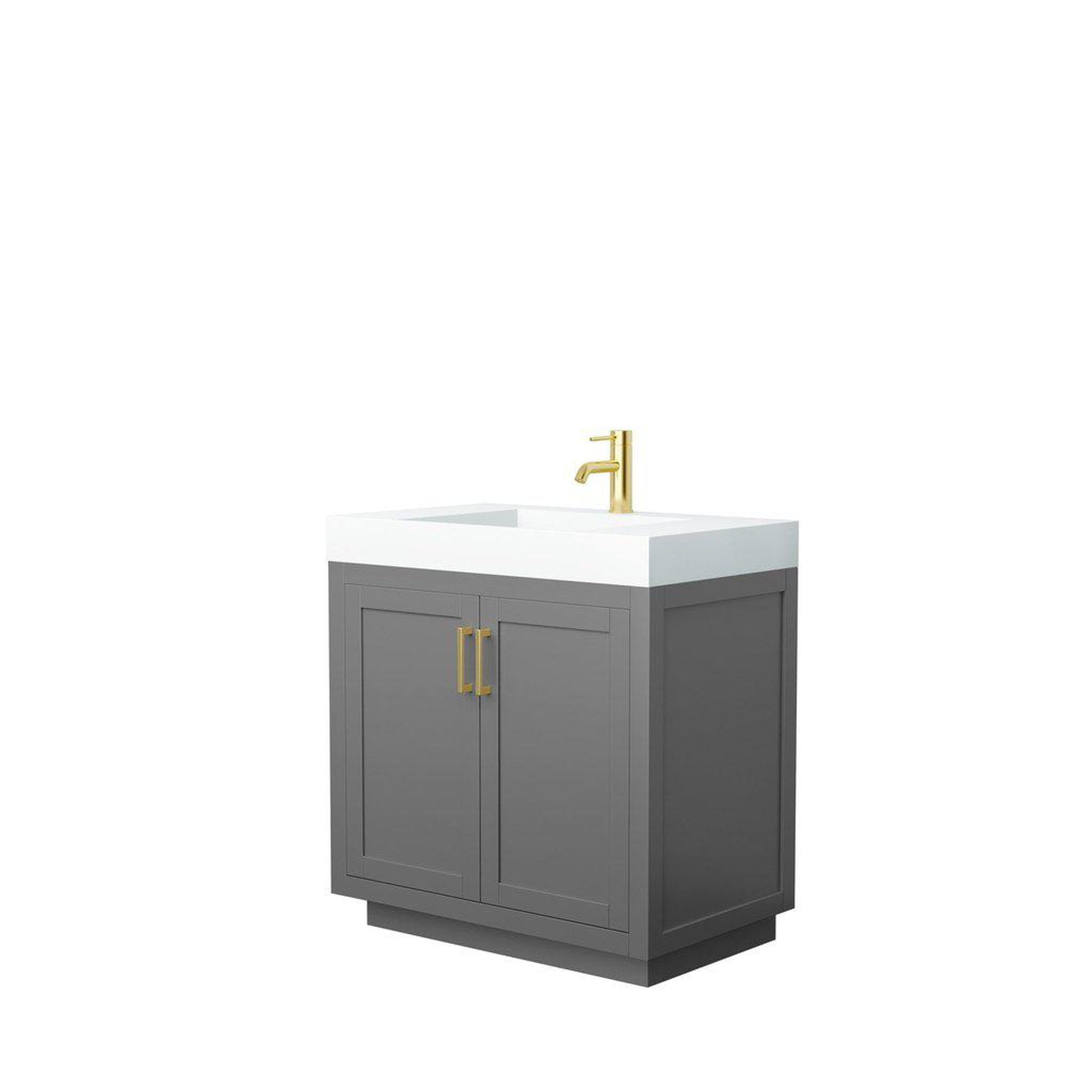 Wyndham Collection Miranda 36" Single Bathroom Dark Gray Vanity Set With 4" Thick Matte White Solid Surface Countertop, Integrated Sink, And Brushed Gold Trim