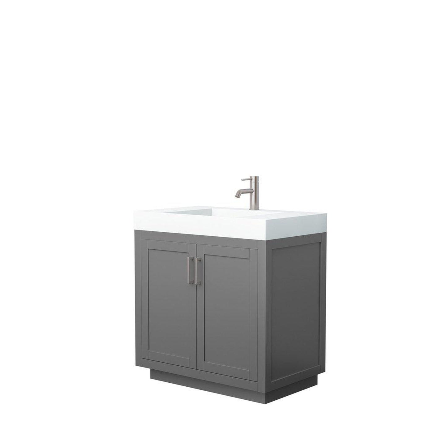 Wyndham Collection Miranda 36" Single Bathroom Dark Gray Vanity Set With 4" Thick Matte White Solid Surface Countertop, Integrated Sink, And Brushed Nickel Trim