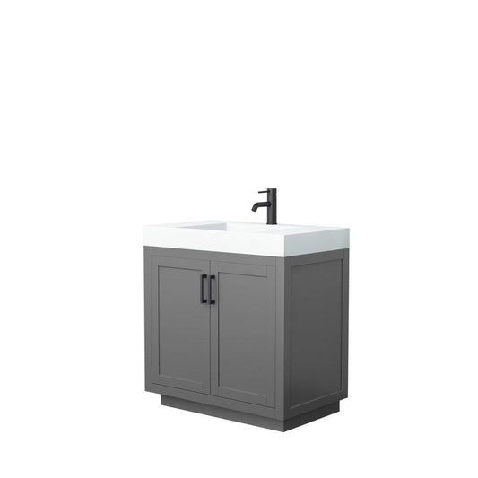 Wyndham Collection Miranda 36" Single Bathroom Dark Gray Vanity Set With 4" Thick Matte White Solid Surface Countertop, Integrated Sink, And Matte Black Trim