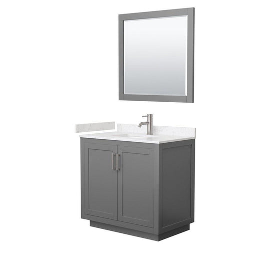 Wyndham Collection Miranda 36" Single Bathroom Dark Gray Vanity Set With Light-Vein Carrara Cultured Marble Countertop, Undermount Square Sink, 34" Mirror And Brushed Nickel Trim
